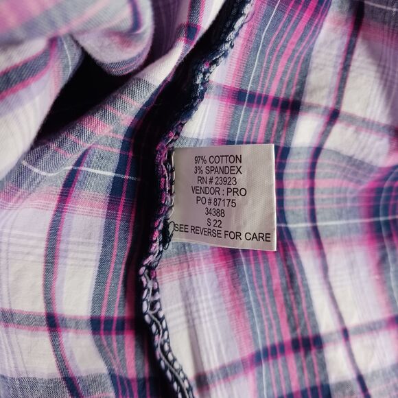 Dakini Plaid Boyfriend Shirt Womens Small Purple Stretch Hidden Pocket Vented - Picture 12 of 14